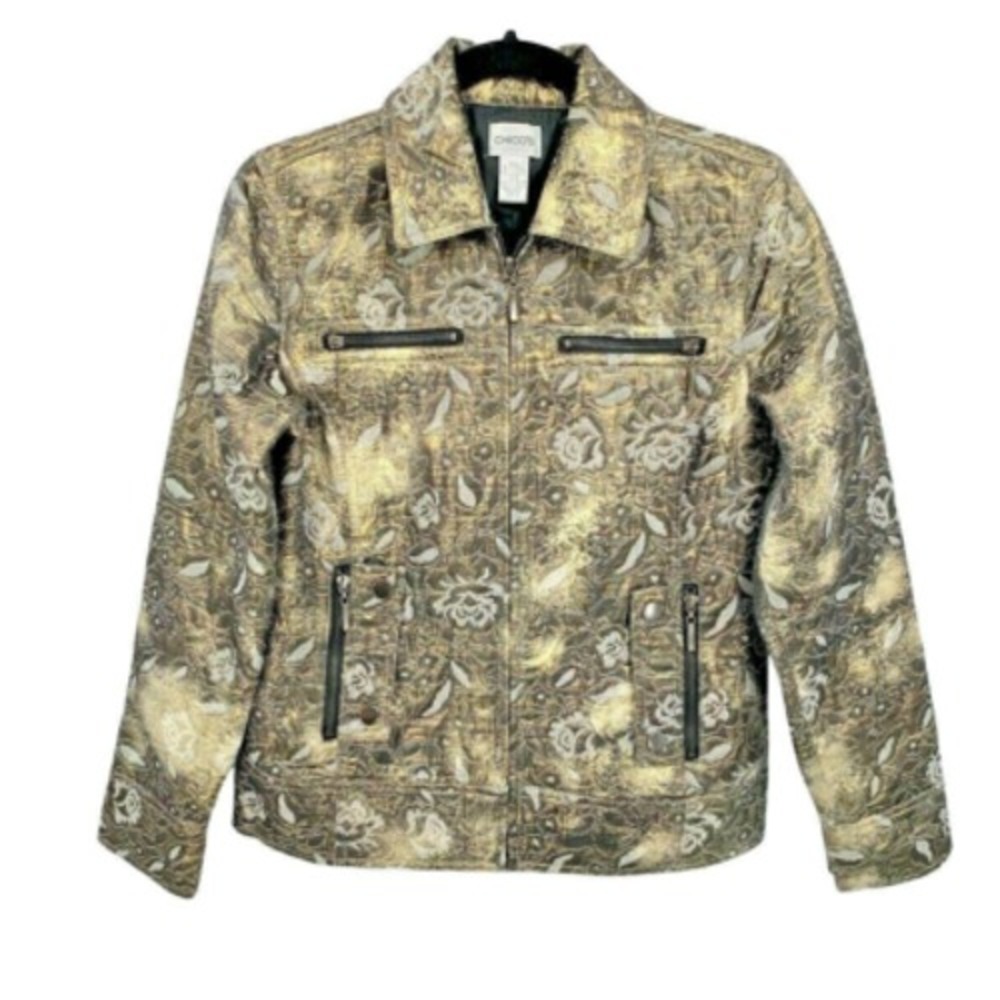 Chico's Baroque Metallic Moto Jacket Womens 0 Small Gold Floral Full Zip Pockets